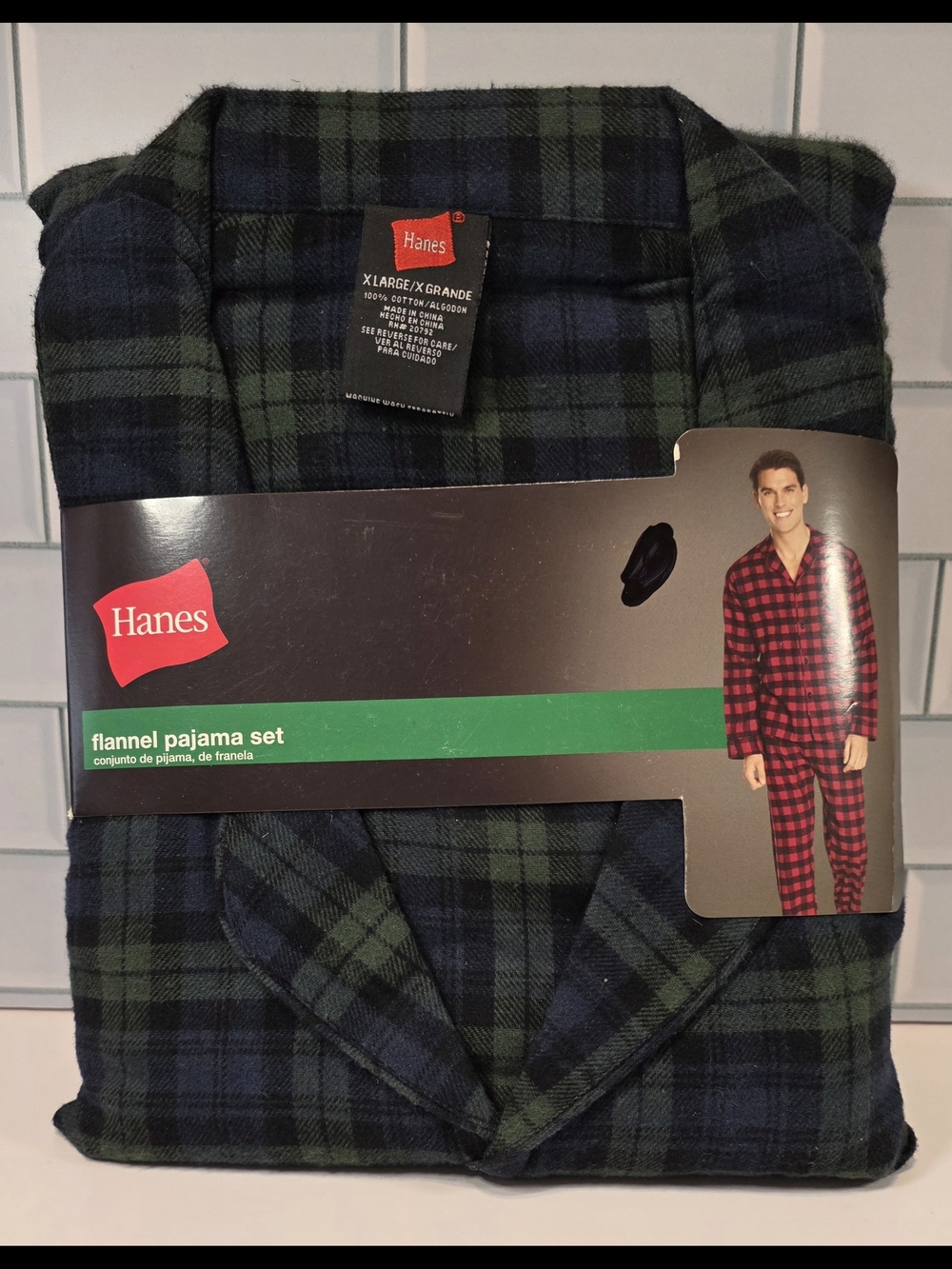 Hanes Green and Navy Blue Plaid Flannel Pajama Set & Black Plaid Robe